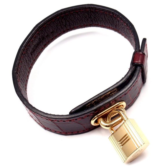 Very Rare! Authentic HERMES 18k Yellow Gold & Crocodile Burgundy Bracelet Box - Picture 5 of 12